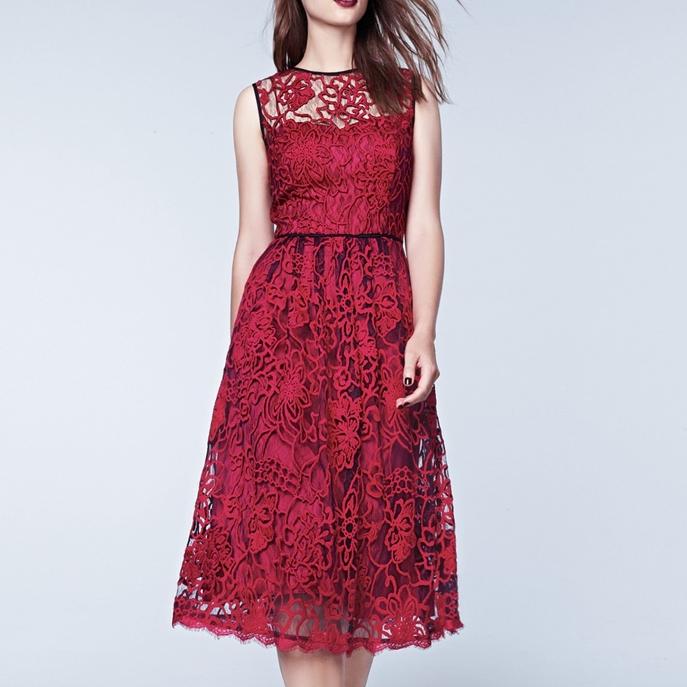 Adrianna Papell Red Embroidered Lace Midi Dress